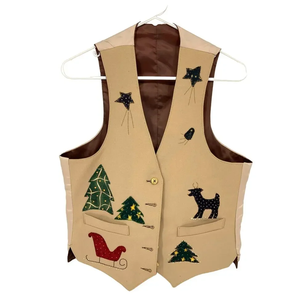 Mens Reversible Cream Brown Vest Holidays Vest Snowman Deer Tree